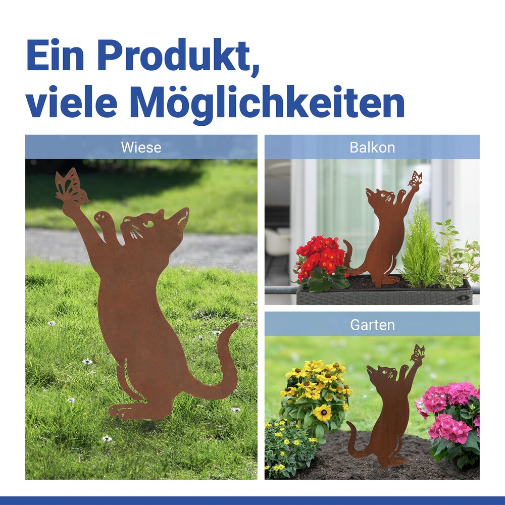 Gartenstecker Katze & Schmetterling, 2er Set  wetterbeständig, mit Edelrost-Effekt