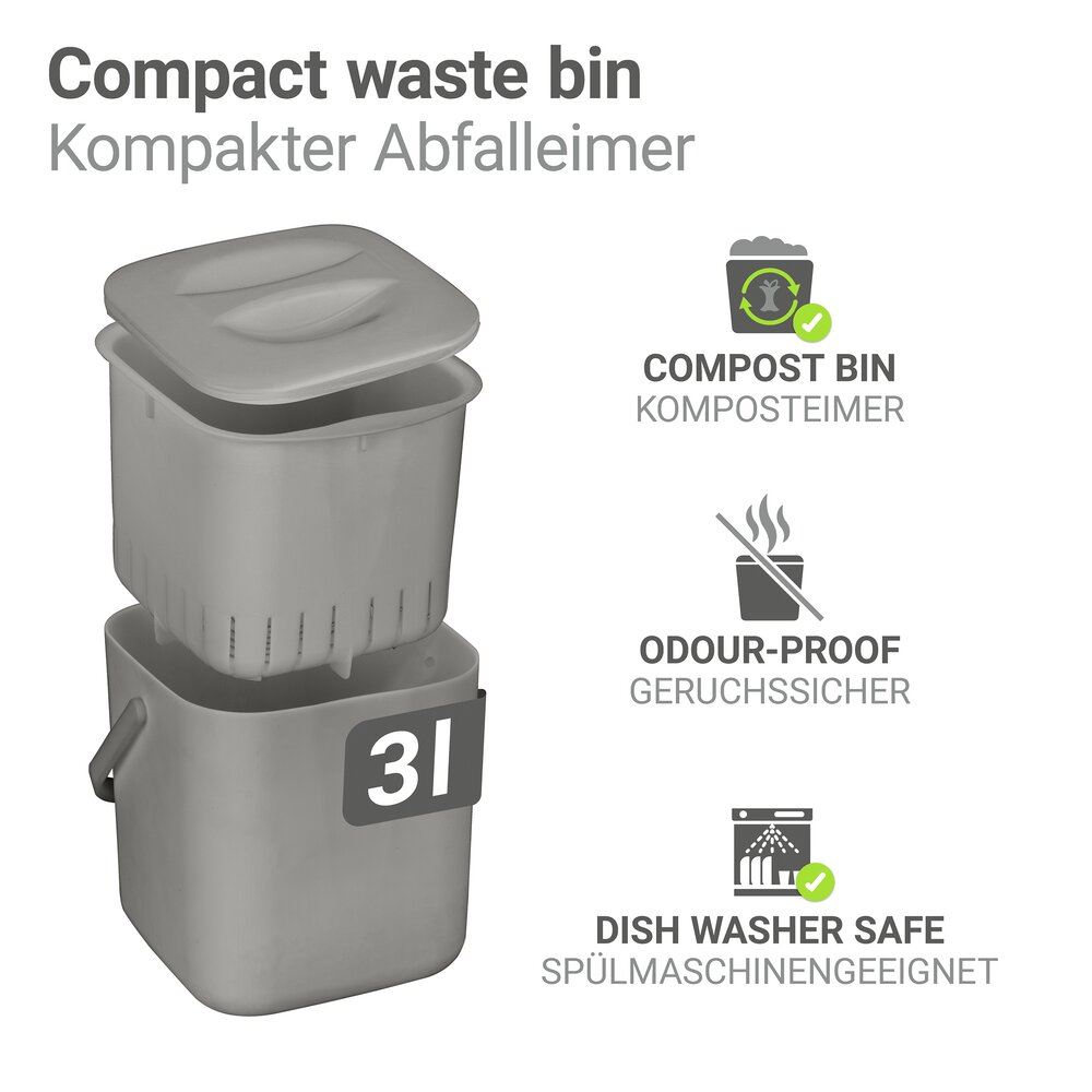 Abfallsammler Mod. Conny, grau, Kunststoff, 3 L, 18 x 18 x 19 cm  herausnehmbares Sieb, spülmaschinengeeignet