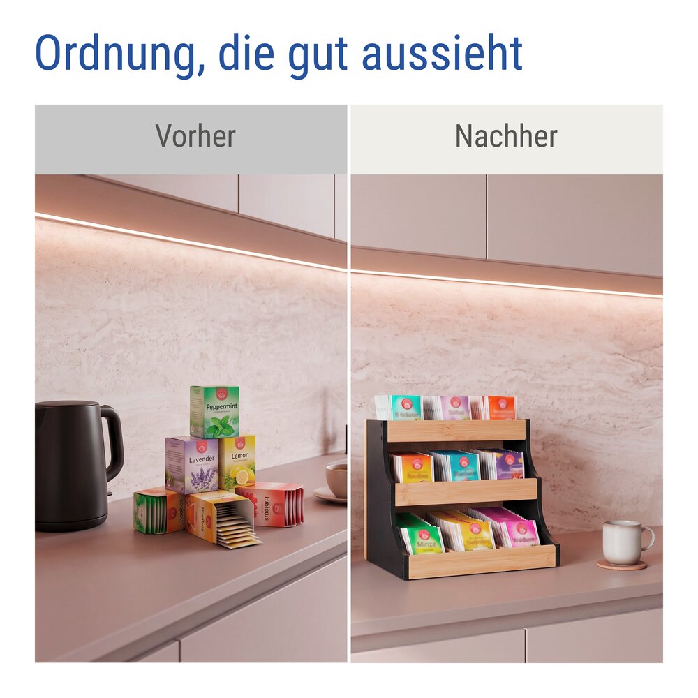 Teeregal Bambus, Schwarz  Tee Organizer für bis zu 180 Teebeutel