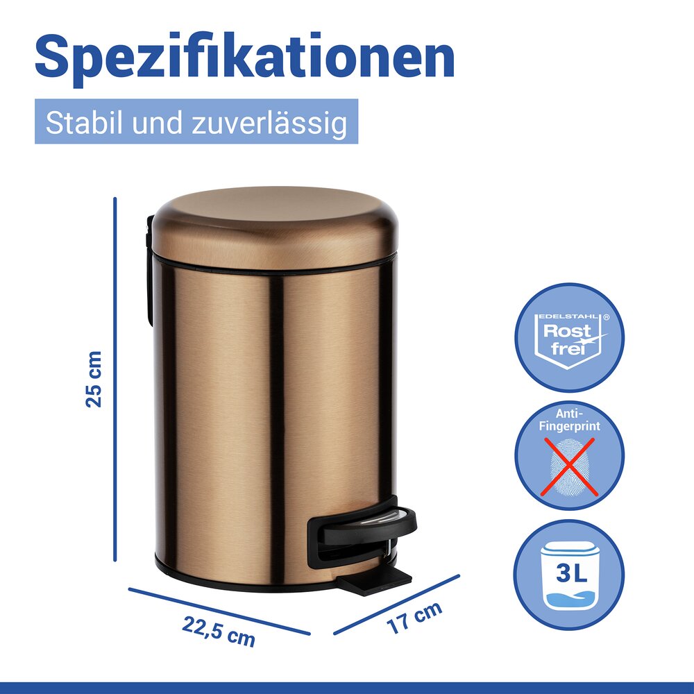 Poubelle à pédale Leman métallique cuivre  3 l, acier inox