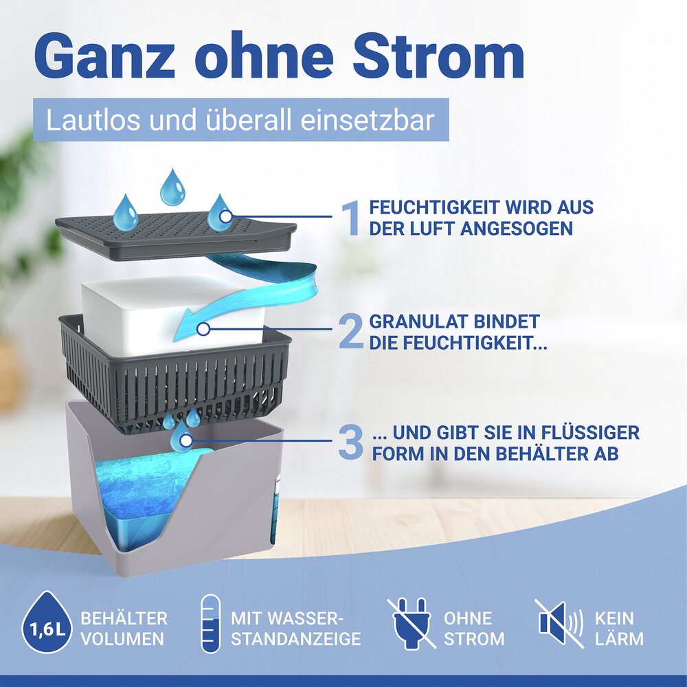 Déshumidificateur d'intérieur Cube Gris 1000 g & recharge  prévient la formation de moisissures et les mauvaises odeurs