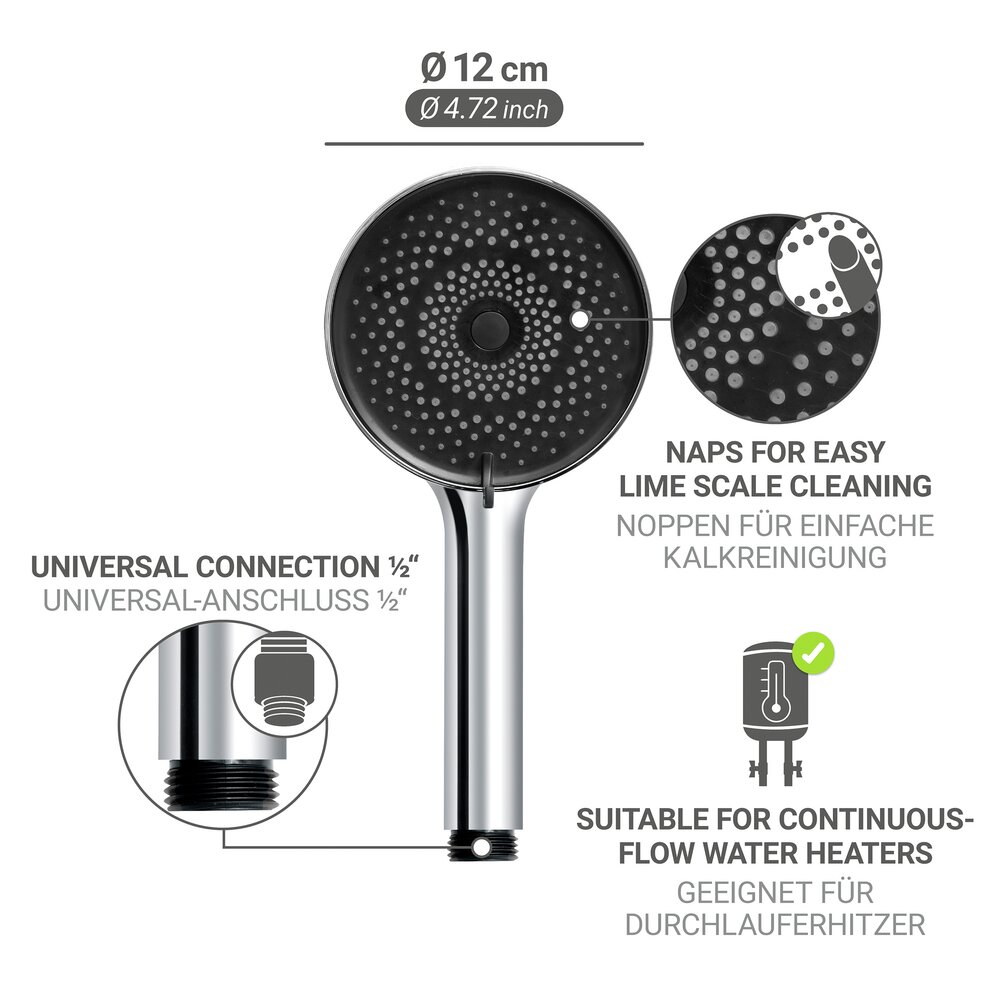 Pomme de douche Mod. Softwater Ø12 cm, chromé/noir, plastique  avec 3 types de jets