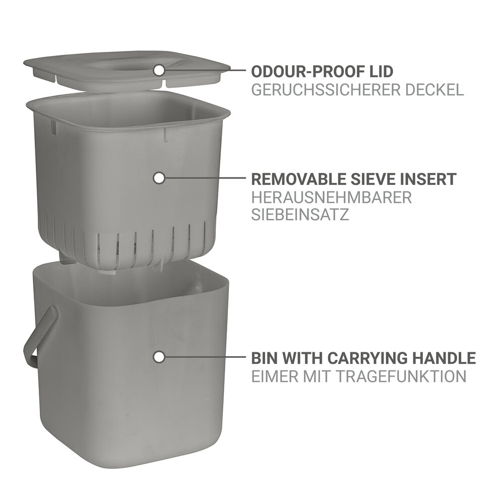 Abfallsammler Mod. Conny, grau, Kunststoff, 3 L, 18 x 18 x 19 cm  herausnehmbares Sieb, spülmaschinengeeignet