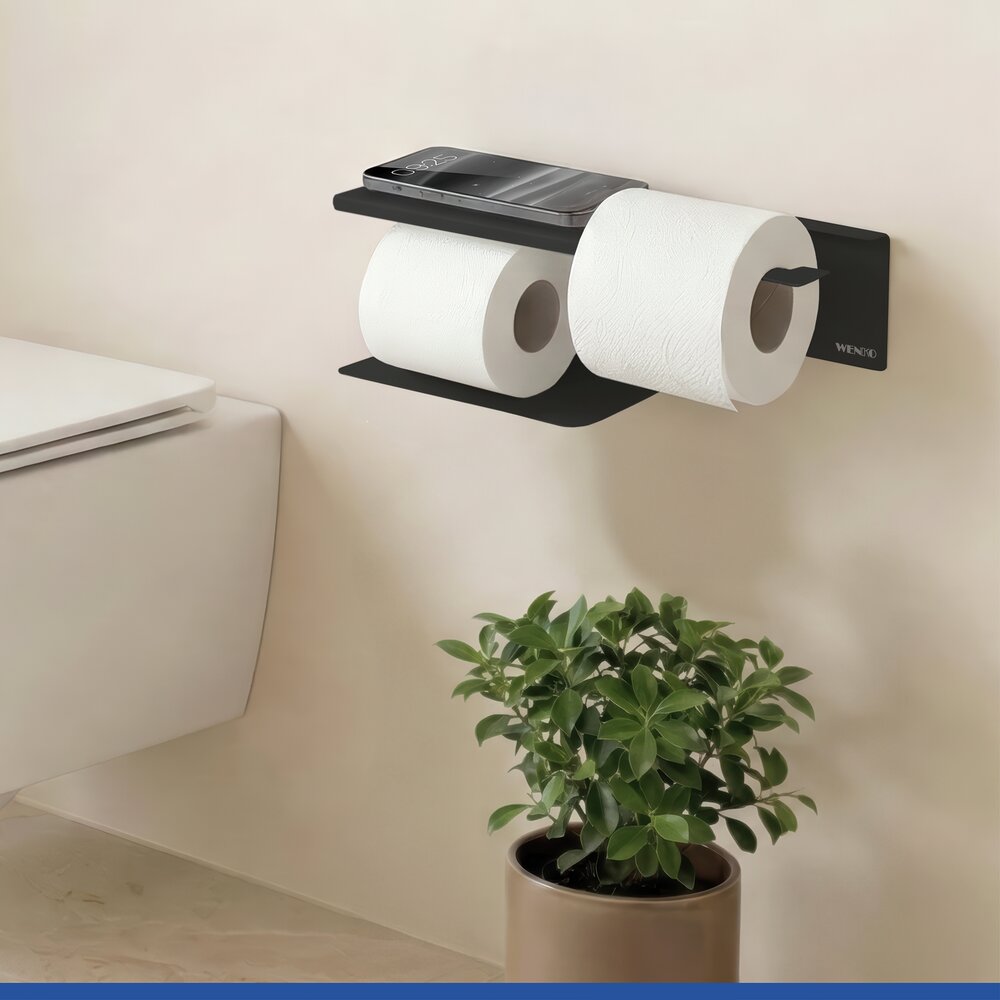 Turbo-Loc® Toilettenpapierhalter mit Ablage Mod. Lizan Schwarz  Befestigen ohne Bohren