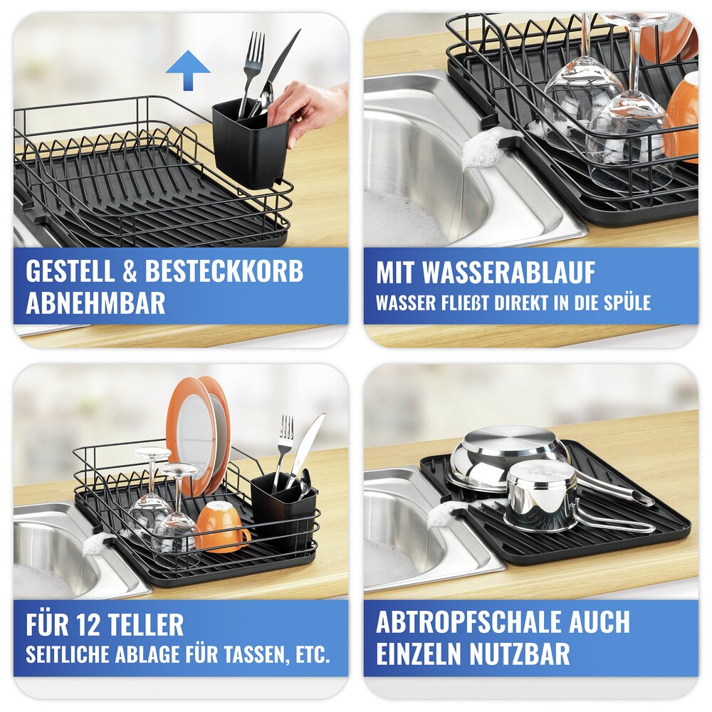 Abtropfgestell für Geschirr, 3-teilig, Schwarz  mit Abtropfschale, Besteckkorb und Tellergestell