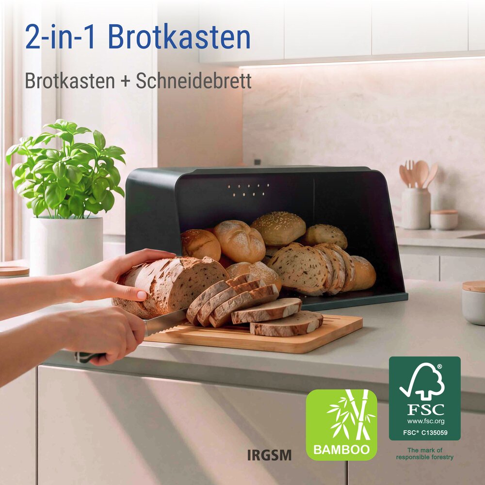 Brotkasten mit Schneidebrett Mod. Kubo, Schwarz  mit Bambusdeckel und Belüftungslöchern