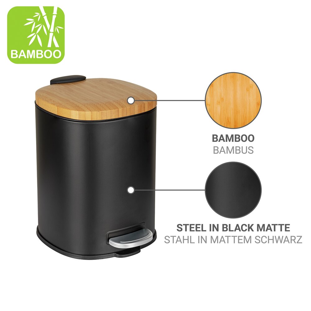 Poubelle à pédale Mod. Fianema, noir, métal/bambou, 3L, Easy-Close  récipient intérieur amovible