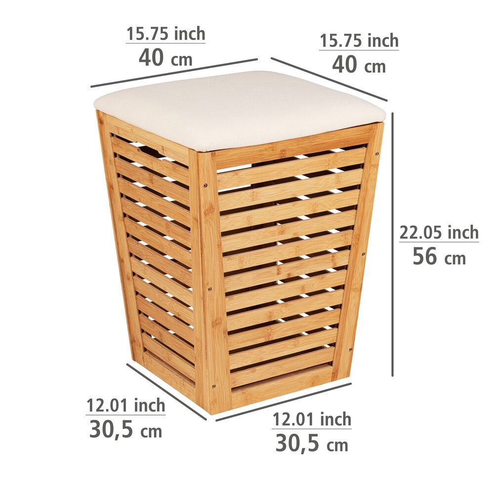 Coffre à linge Mod. Bambusa avec coussin d’assise  forme conique, idéale pour le rangement du linge