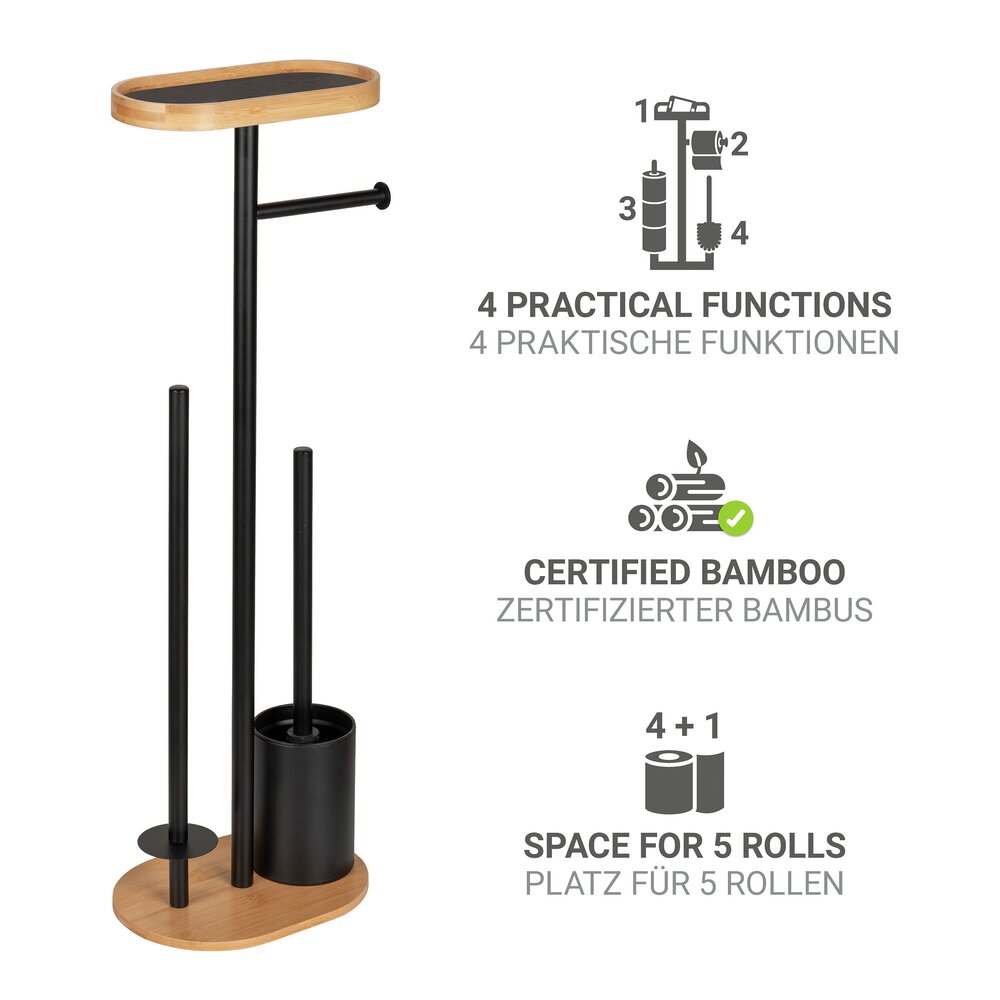 Garniture WC sur pied Mod. Pomarolo, bambou, acier, naturel/noir, 25x70,5x17 cm  avec tablette pour téléphone intégré