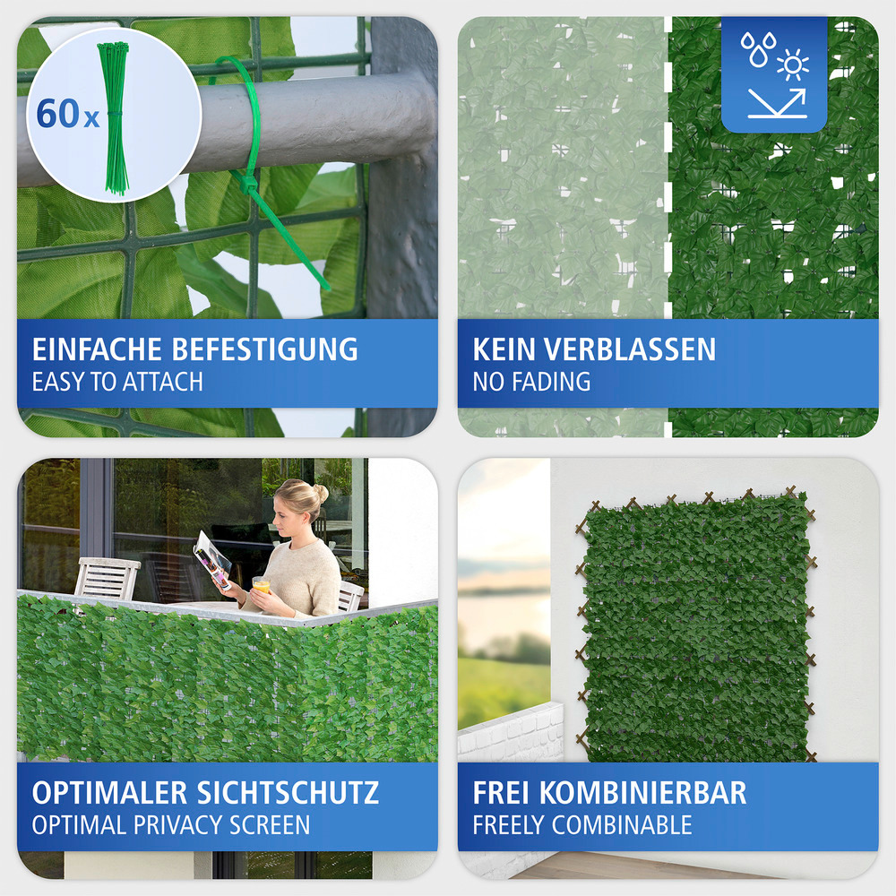 Sichtschutzmatte Efeu 3x1m, grün, Kunststoff, 100x300 cm  pflegeleicht und wetterbeständig