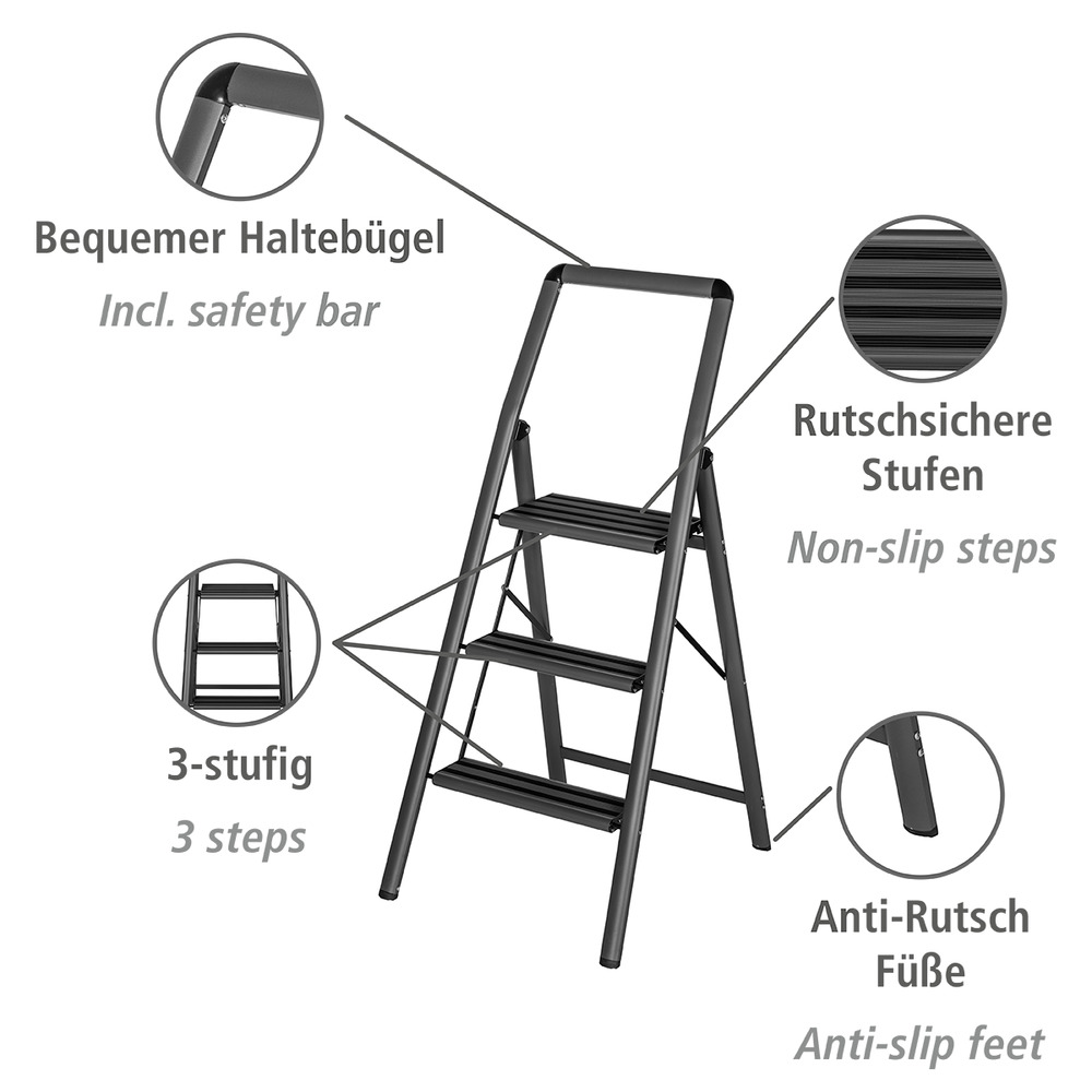 Alu-Klapptrittleiter Compact 3-stufig Dunkelgrau  leichte & rutschfeste Haushaltsleiter, Sicherheits-Stehleiter