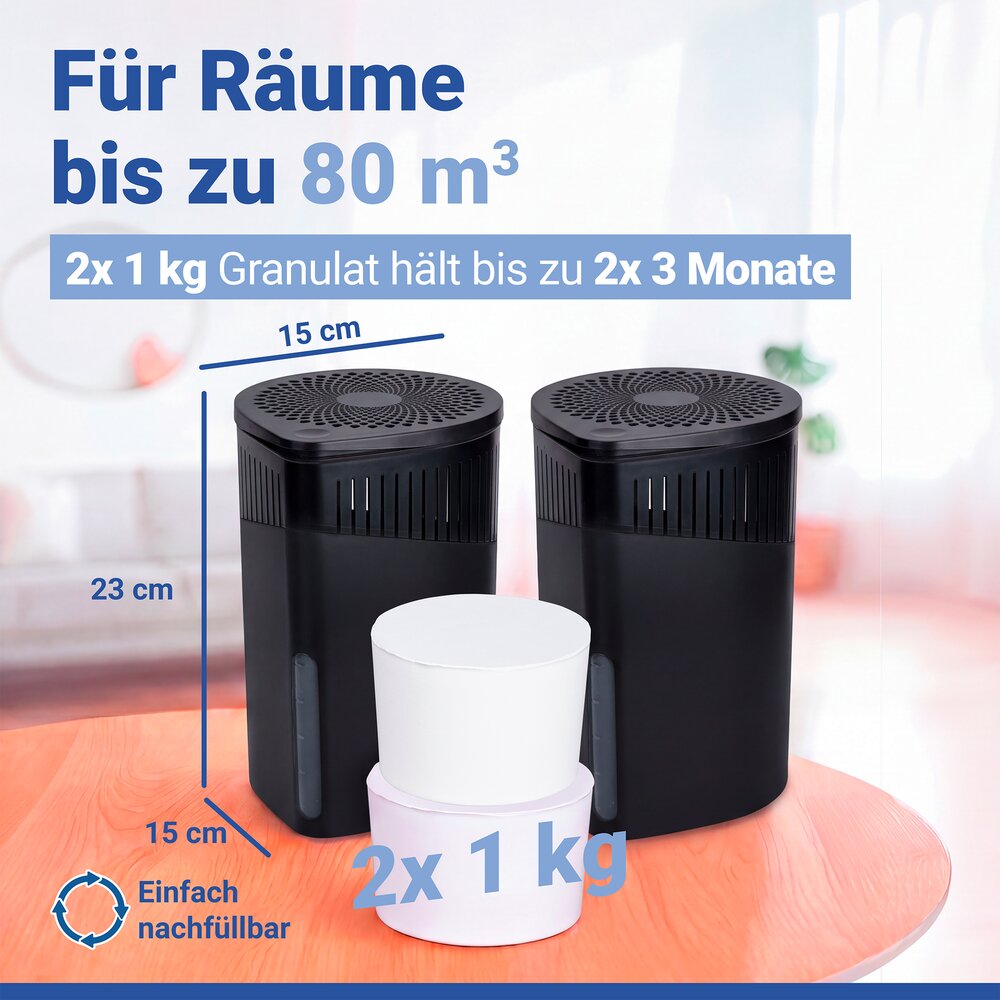 Déshumidificateur Mod. Drop Noir 1000 g, set de 2  pour des pièces jusqu’à environ 80 m³