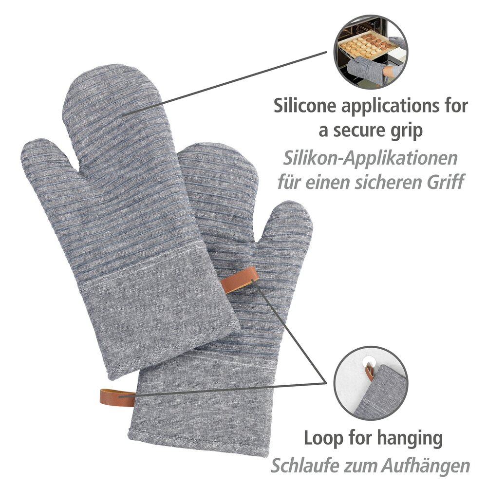 Topfhandschuhe Mod. Ada Stripes Grau  Silikonstreifen für sicheren Griff