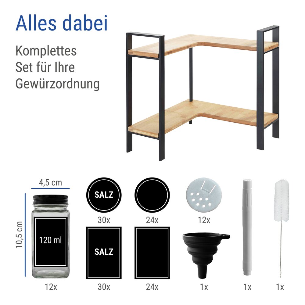 Etagère d'angle de cuisine Mod. Lou, 2 étagères, bocaux à épices, lot de 13  2 niveaux