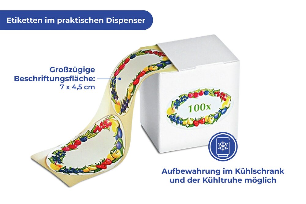 Haushaltsetiketten mit Obst-Motiv  inklusive Etikettenspender