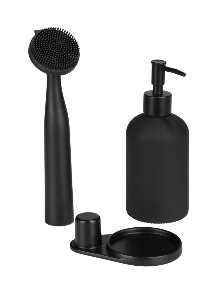 Spül-Set Mod. Piedo, 3tlg.  Spülmittelspender aus Glas, Spülbürste, Halterung