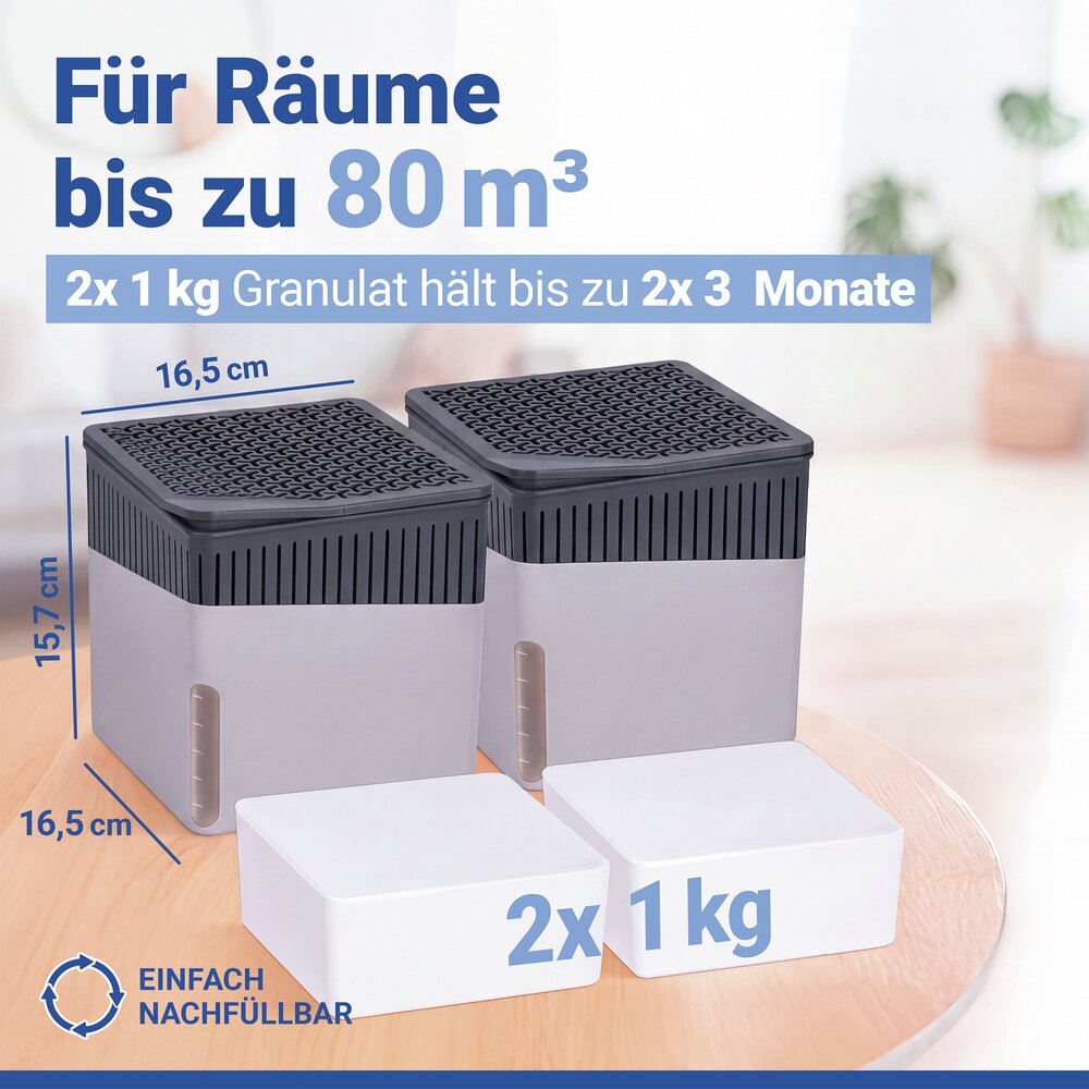 Luchtontvochtiger Mod. Cube Grijs 1000 g, set van 2