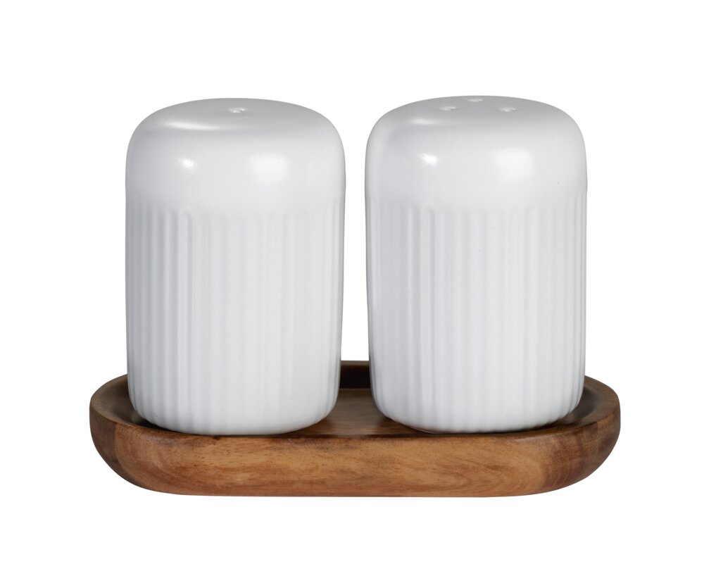 Salière et poivrière Mod. Refia, blanc, céramique, bois d'acacia, 75ml  avec plateau en acacia FSC
