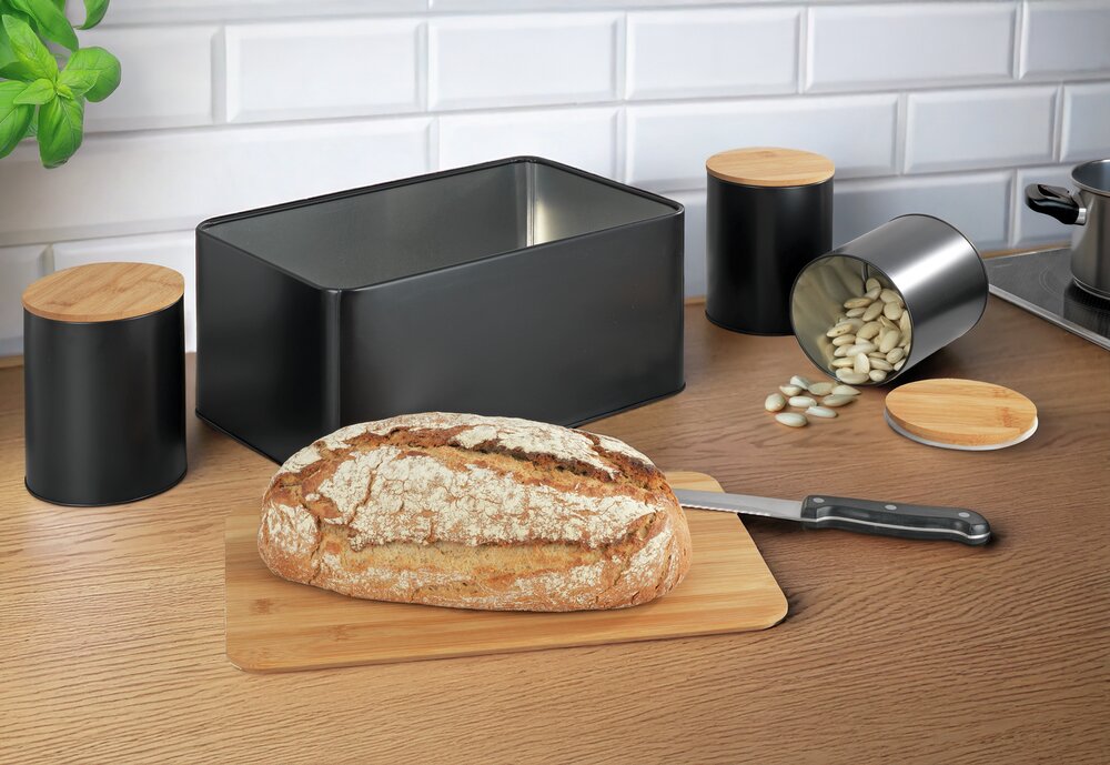 Set boîtes à pain, noir, métal, couvercle bambou, 32,5x21x15 cm  avec couvercles hermétiques en bambou