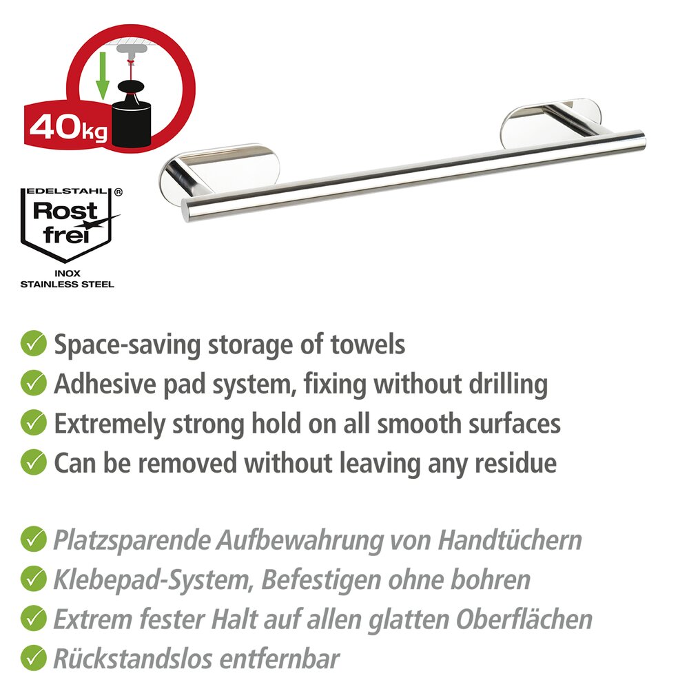 Porte Serviette mural inox brillant,  solution sans perçage, innovation "Turbo Loc Plus", Longueur 40 cm, Orea  Porte serviette mural sans perçage