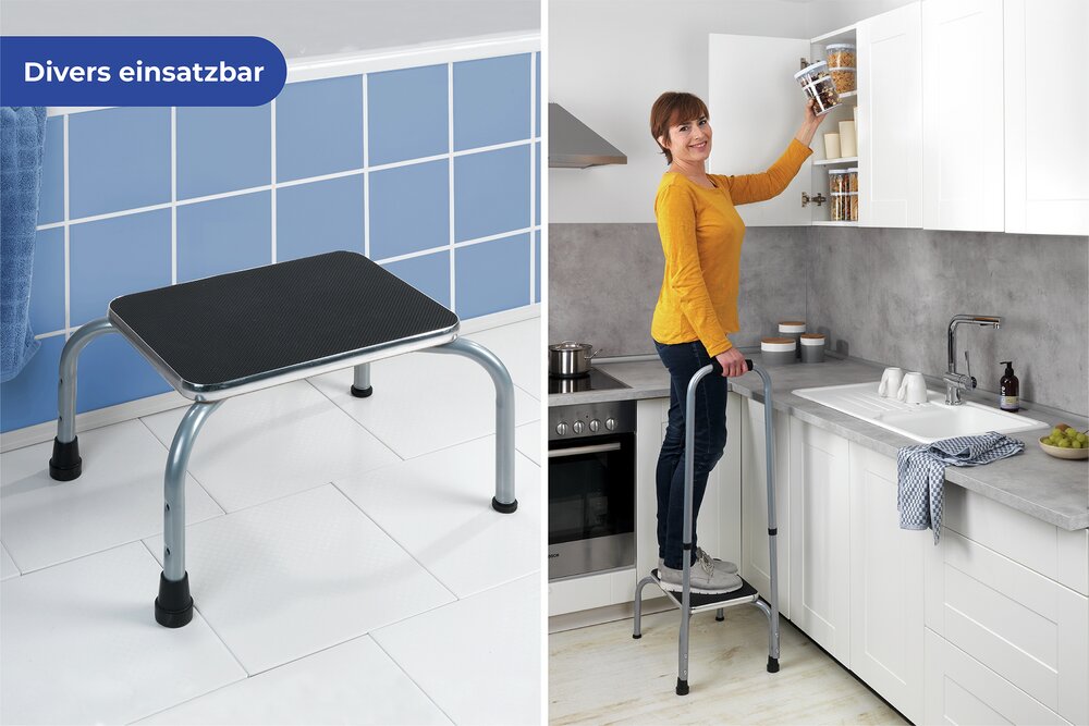 Sicherheits-Tritt Mod. Secura  Sicherheitstritt mit Haltegriff, vier rutschfeste Gummifüße, Trittoberfläche in Schwarz