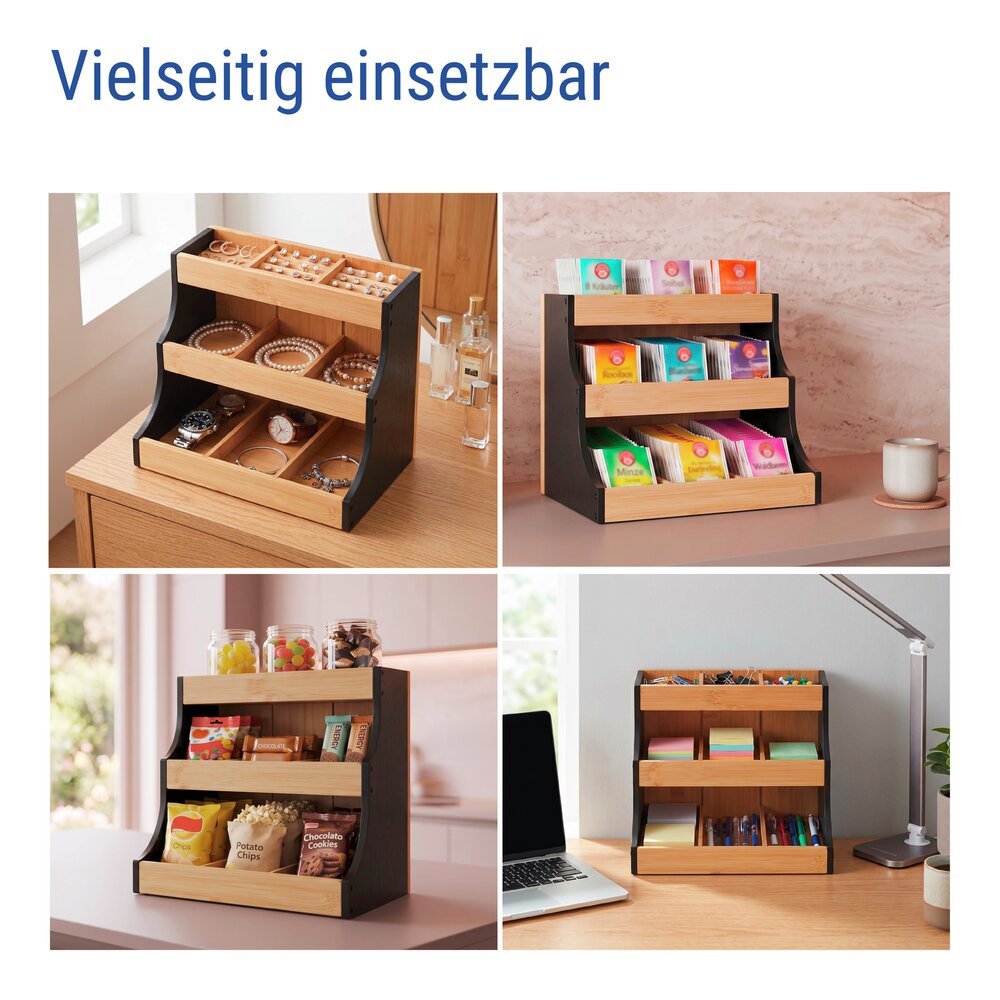 Teeregal Bambus, Schwarz  Tee Organizer für bis zu 180 Teebeutel