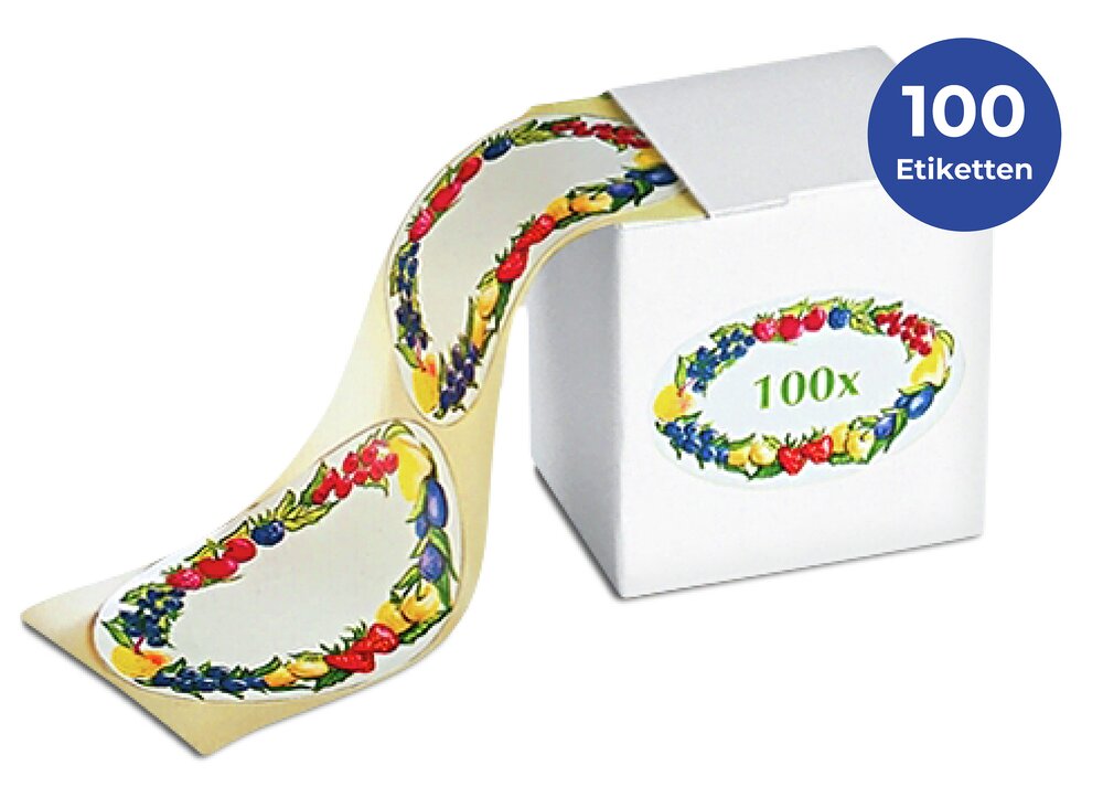 Haushaltsetiketten mit Obst-Motiv  inklusive Etikettenspender