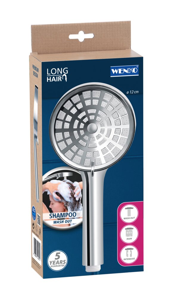 Duschkopf Mod. LongHair Chrom/Weiß Ø 12 cm  für schnelles und gründliches Auswaschen der Haare