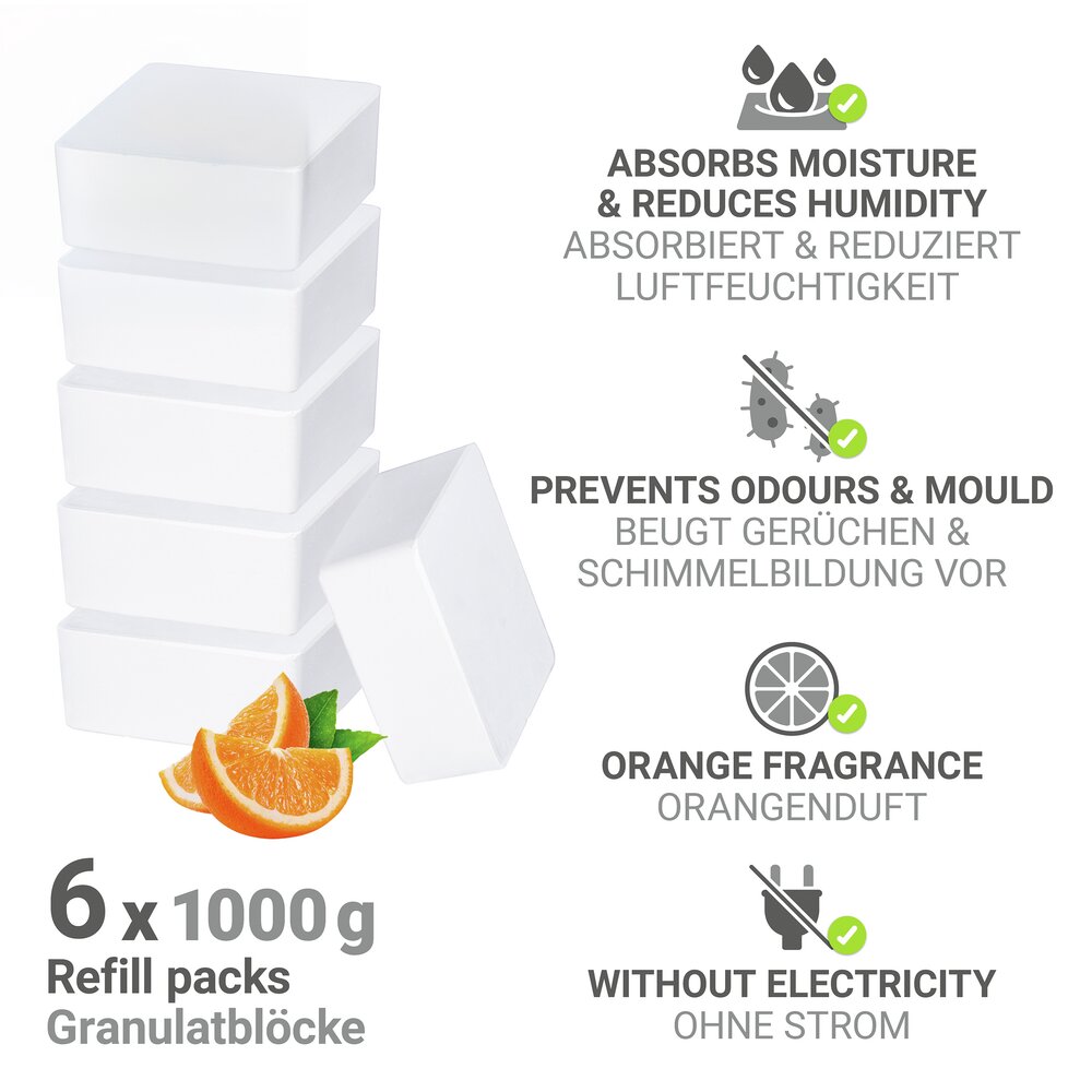 Kamerontvochtiger Cube navulling 1000 g met sinaasappelgeur, set van 6
