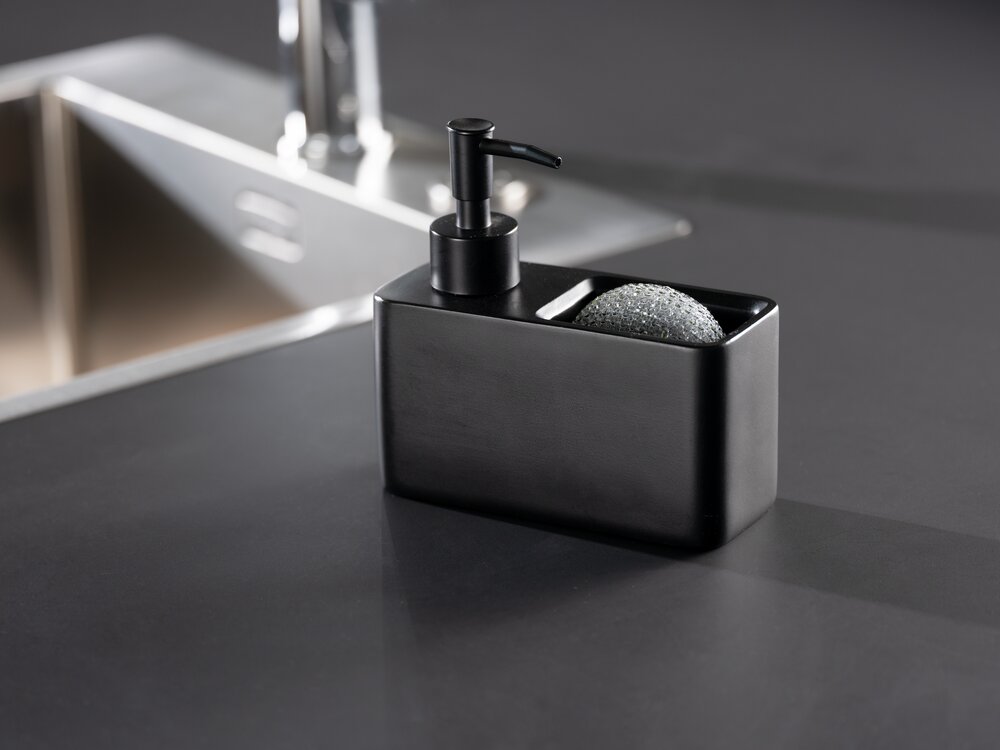 Distributeur savon Mod. Resa noir, polyrésine, 150 ml, 14,5x14,3x6 cm  avec compartiment pour éponge