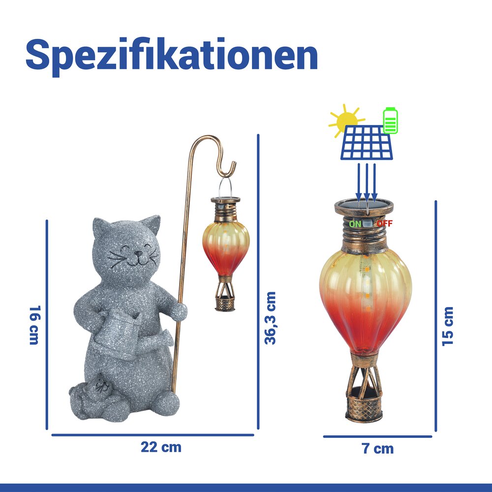 Gartenfigur Katze mit LED-Heißluftballon  dekorative, solarbetriebene Gartenleuchte