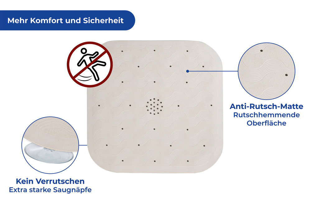 Duscheinlage Mod. Natur-Kautschuk Beige  mit Saugnäpfen auf der Unterseite, Maschinenwaschbar bei 40° C