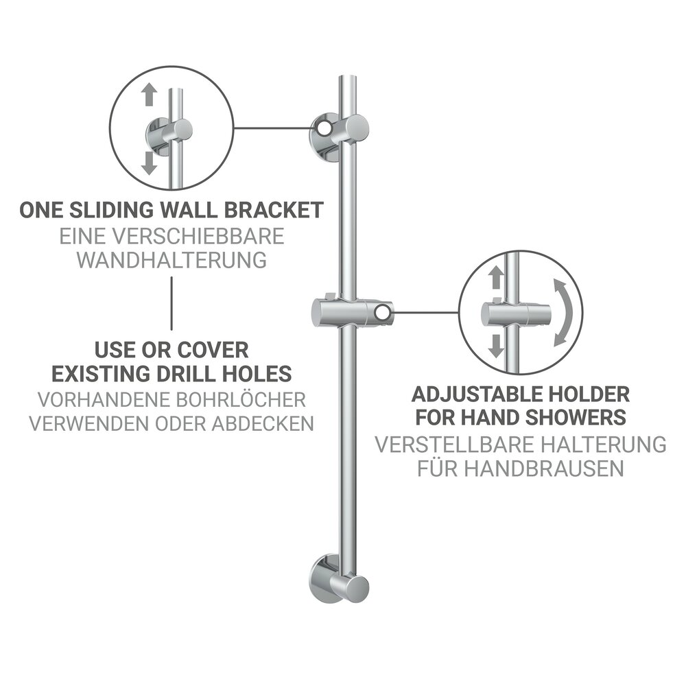 Barre de douche BOB, 70 cm, chromé, inox, Ø 22 mm, sans perçage  montage facile sans perçage