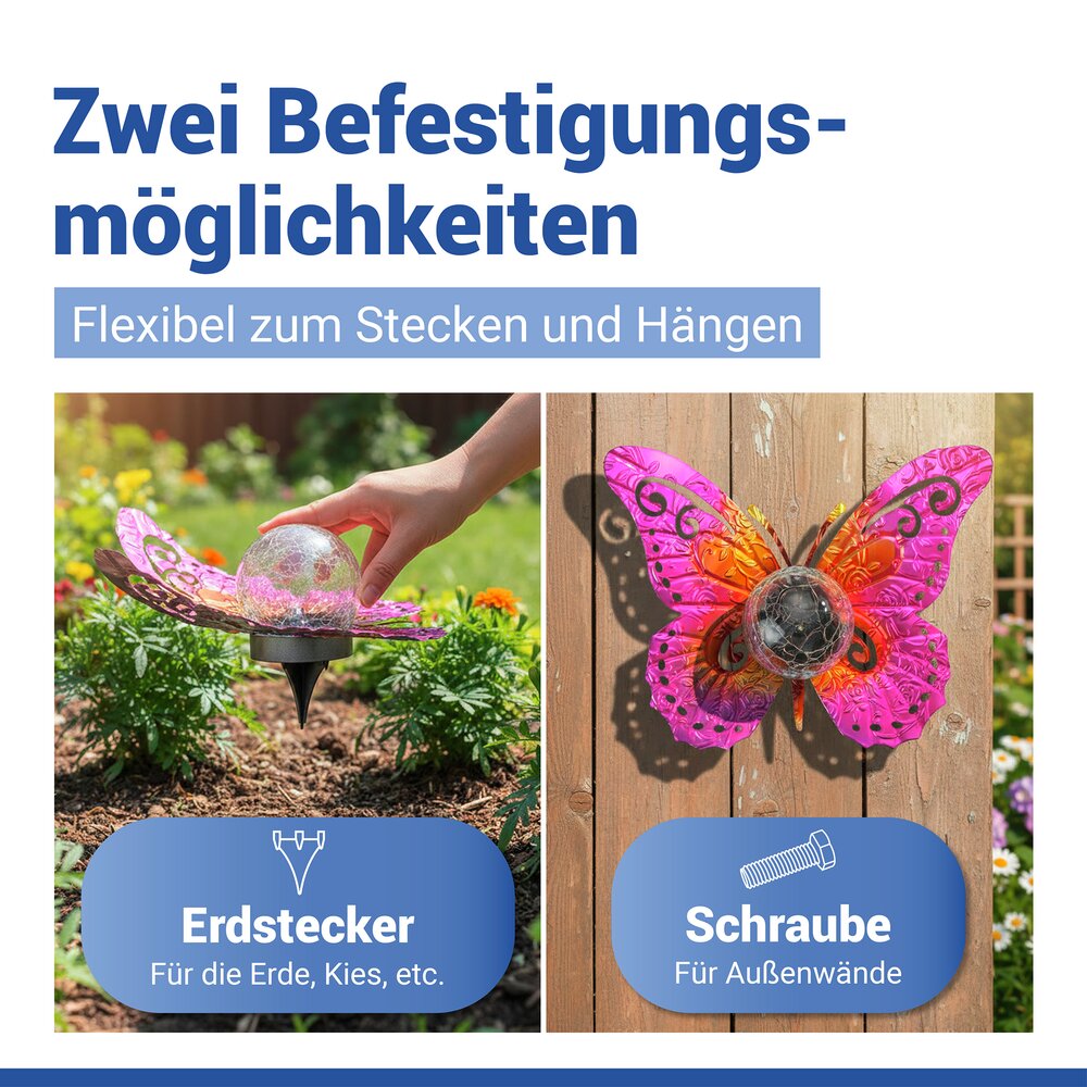 LED Solarlampe Schmetterling, Pink/Gold  dekorative Gartenbeleuchtung