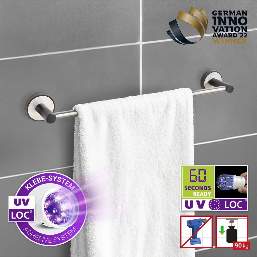 UV-Loc® Badetuchstange Uno Mod. Udine 40 cm  Befestigen ohne Bohren mit innovativem Klebesystem