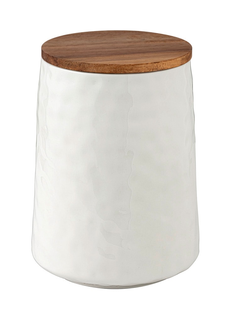 Aufbewahrungsdose Mod. ADELLE 1,1L, weiß, Keramik, Akazienholz, 12x16,5 cm  mit Silikondeckel, natürliches Design