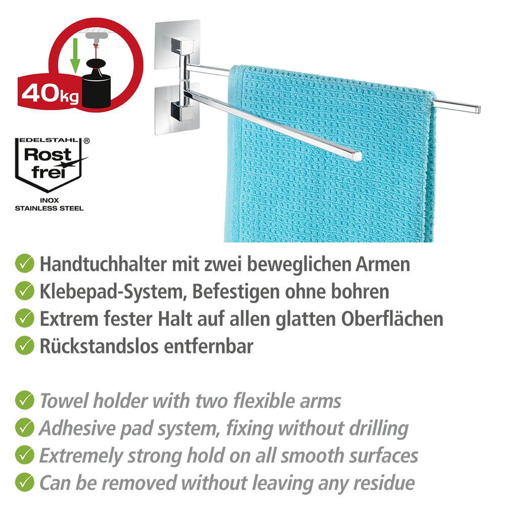 Turbo-Loc® Edelstahl Handtuchhalter 2 Arme Quadro  rostfrei, Befestigen ohne bohren