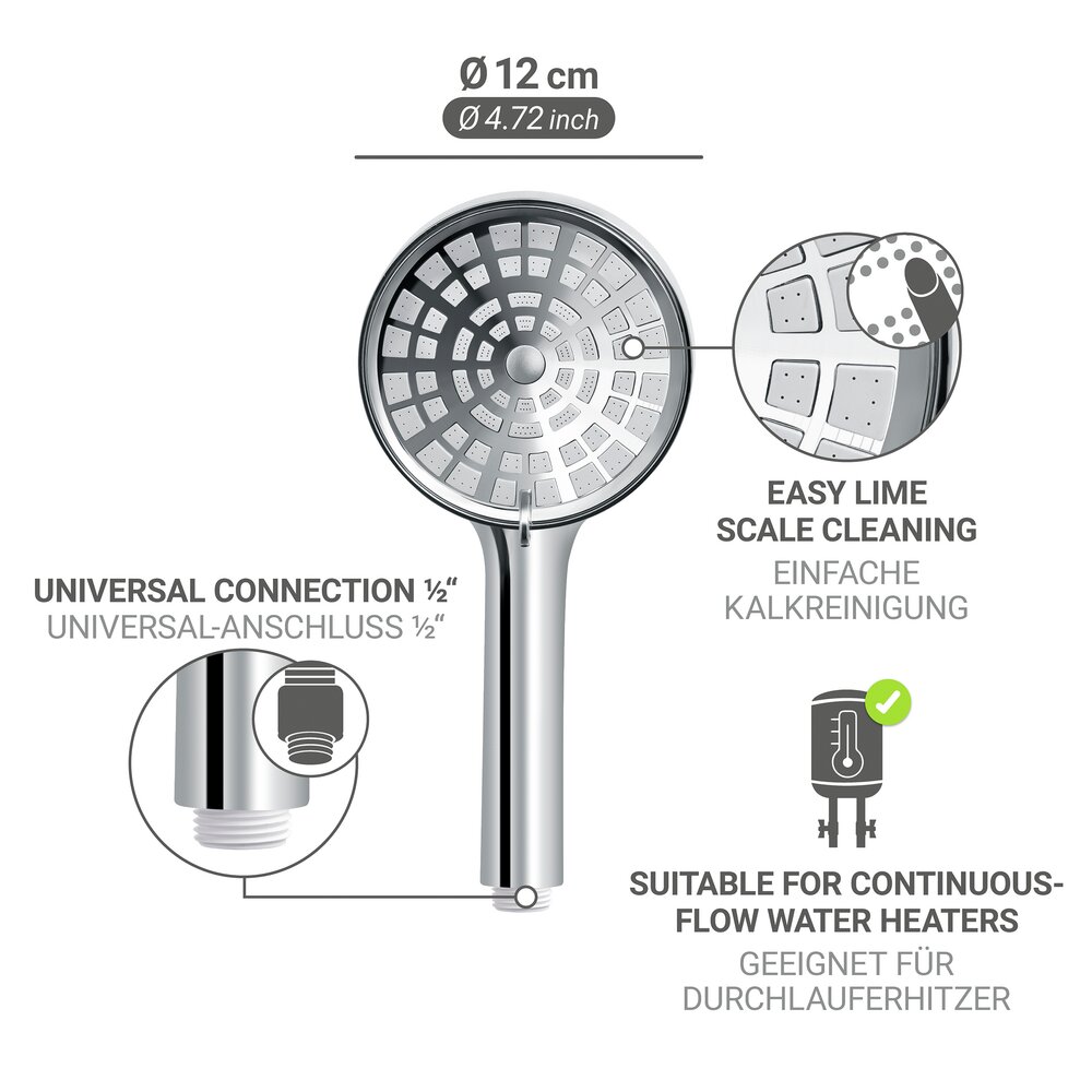 Duschkopf Mod. LongHair Chrom/Weiß Ø 12 cm  für schnelles und gründliches Auswaschen der Haare
