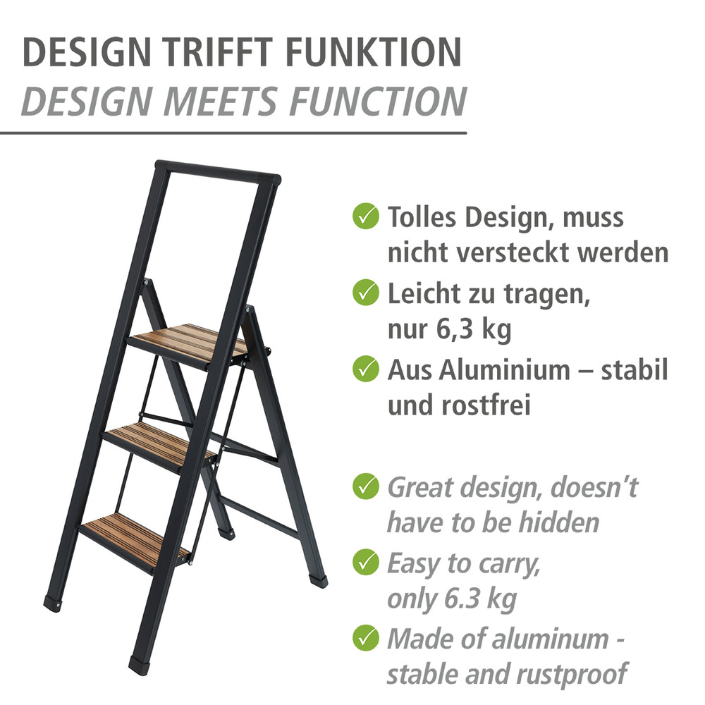 Alu-Design Klapptrittleiter 3-stufig Schwarz  rutschsichere XXL-Stufen