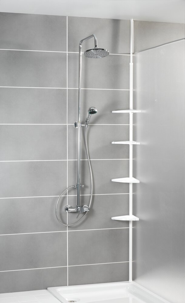 Étagère de douche télescopique Compact, paniers de douche plastique, aluminium blanc, 26x78-275x19,5 cm  4 tablettes et 4 crochets