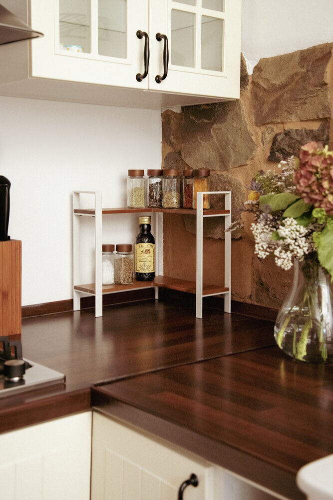 Étagère d'angle de cuisine Louisa, 2 étages  2 étagères en acacia