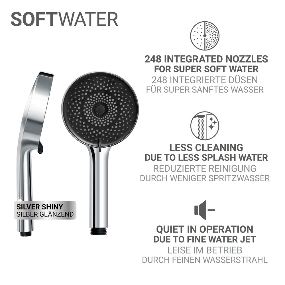Pomme de douche Mod. Softwater Ø12 cm, chromé/noir, plastique  avec 3 types de jets