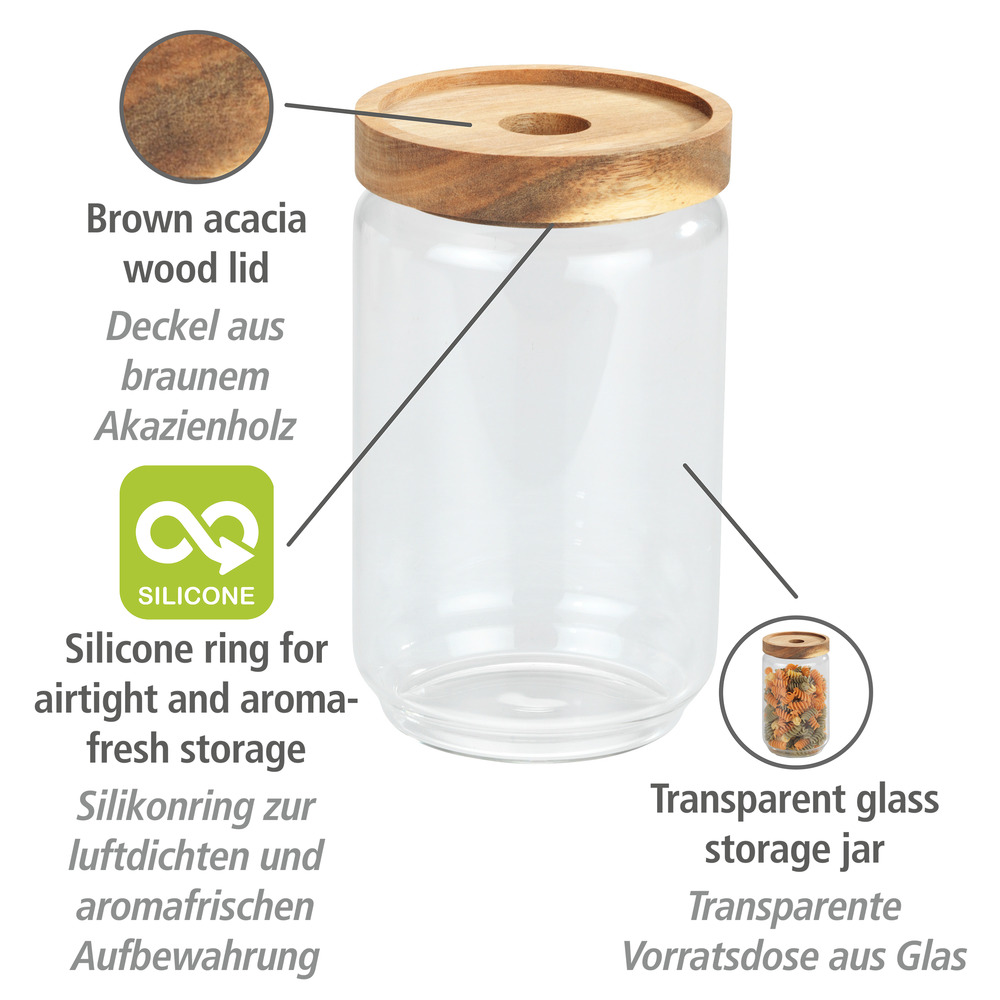 Aufbewahrungsdose Mod. Vido 700 ml  Glasdose mit Deckel aus Akazienholz