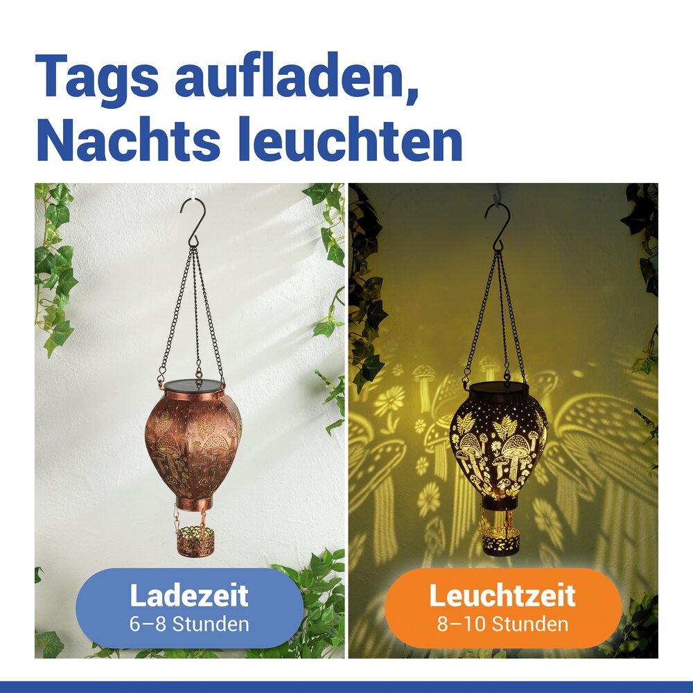 LED Solar-Heißluftballon in Bronze-Optik  mit Pilzmuster-Lichtprojektion