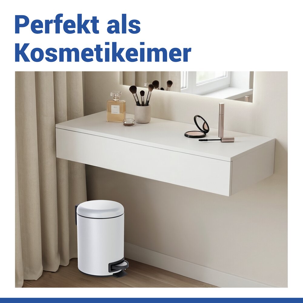 Poubelle à pédale Leman, 5L, petite poubelle salle de bain, acier blanc  avec insert amovible