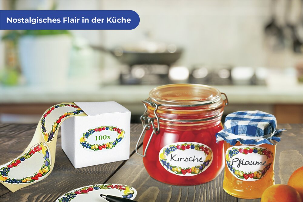 Haushaltsetiketten mit Obst-Motiv  inklusive Etikettenspender