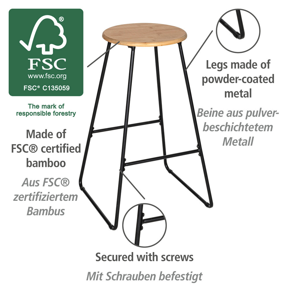 Barhocker Mod. Loft  aus Stahlrohr mit massiver Sitzfläche aus Bambus