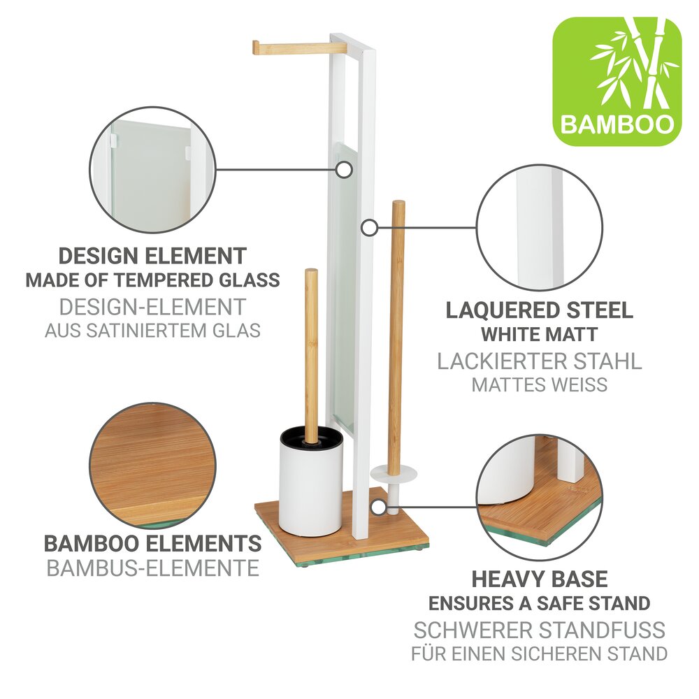 Garniture WC sur pied Mod. Rivalta, bambou/blanc, verre, 18x70x23 cm  avec porte-rouleau de rechange