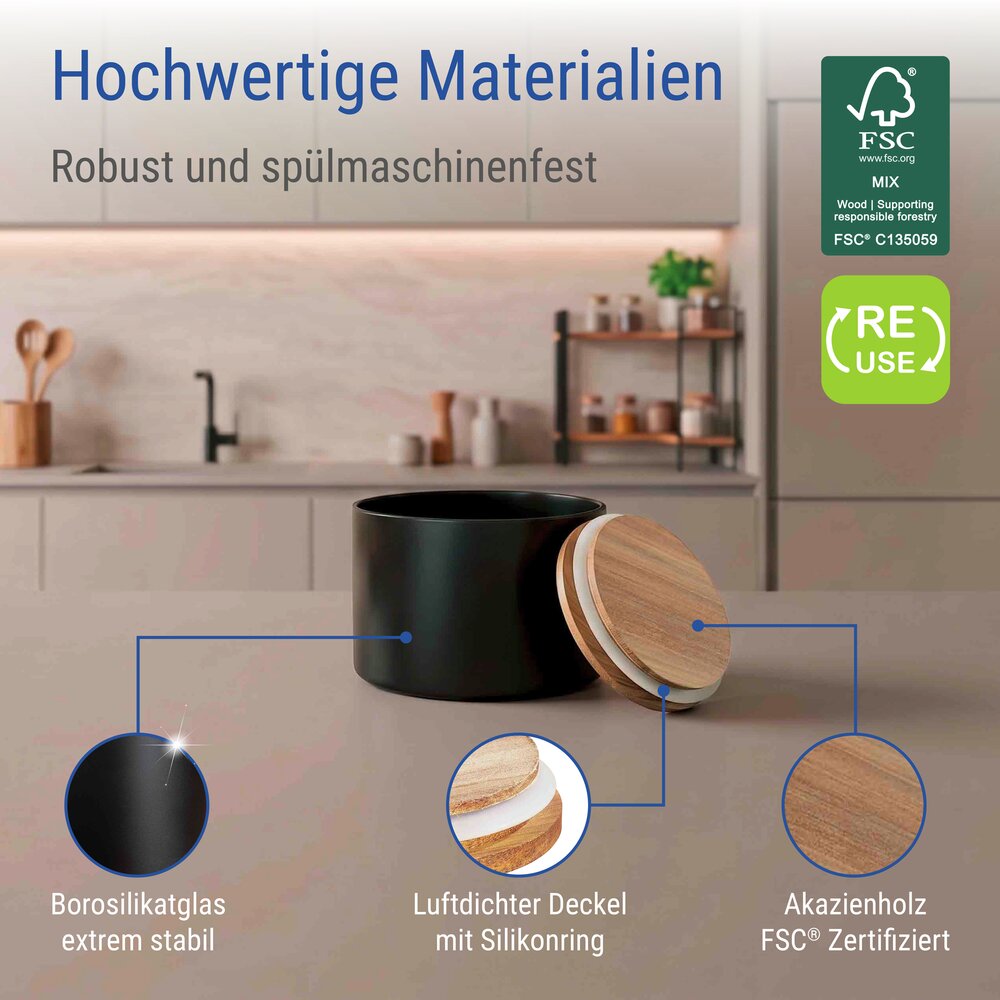 Vorratsdose Mod. Mio Schwarz 0,5 L  Vorratsbehälter aus Borosilikatglas mit Deckel