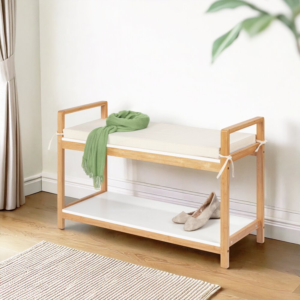 Banc à chaussures bambou, naturel/blanc, rembourrée beige, 90x55x34 cm  pour 4 paires de chaussures